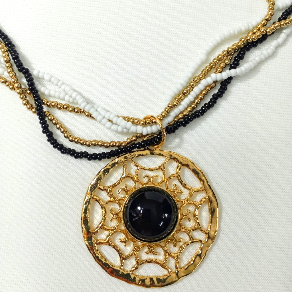A&I Gold Black White Cabochon Medallion Necklace
